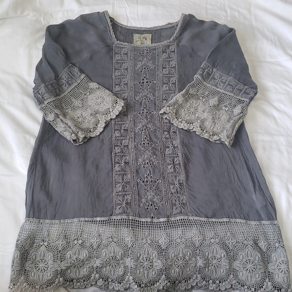 Johnny Was Tops - Johnny Was Boho Embroidered Lace Tunic Top, Grey, Size XS